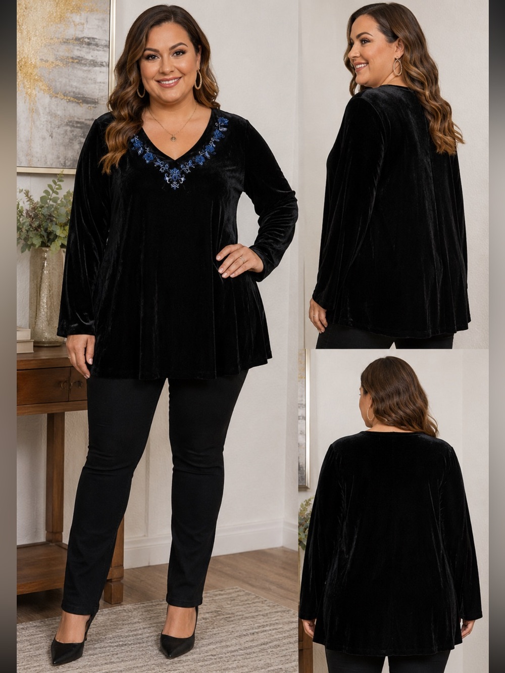 Venezia Black Velvet Tunic with Blue Embroidery s size 26-28